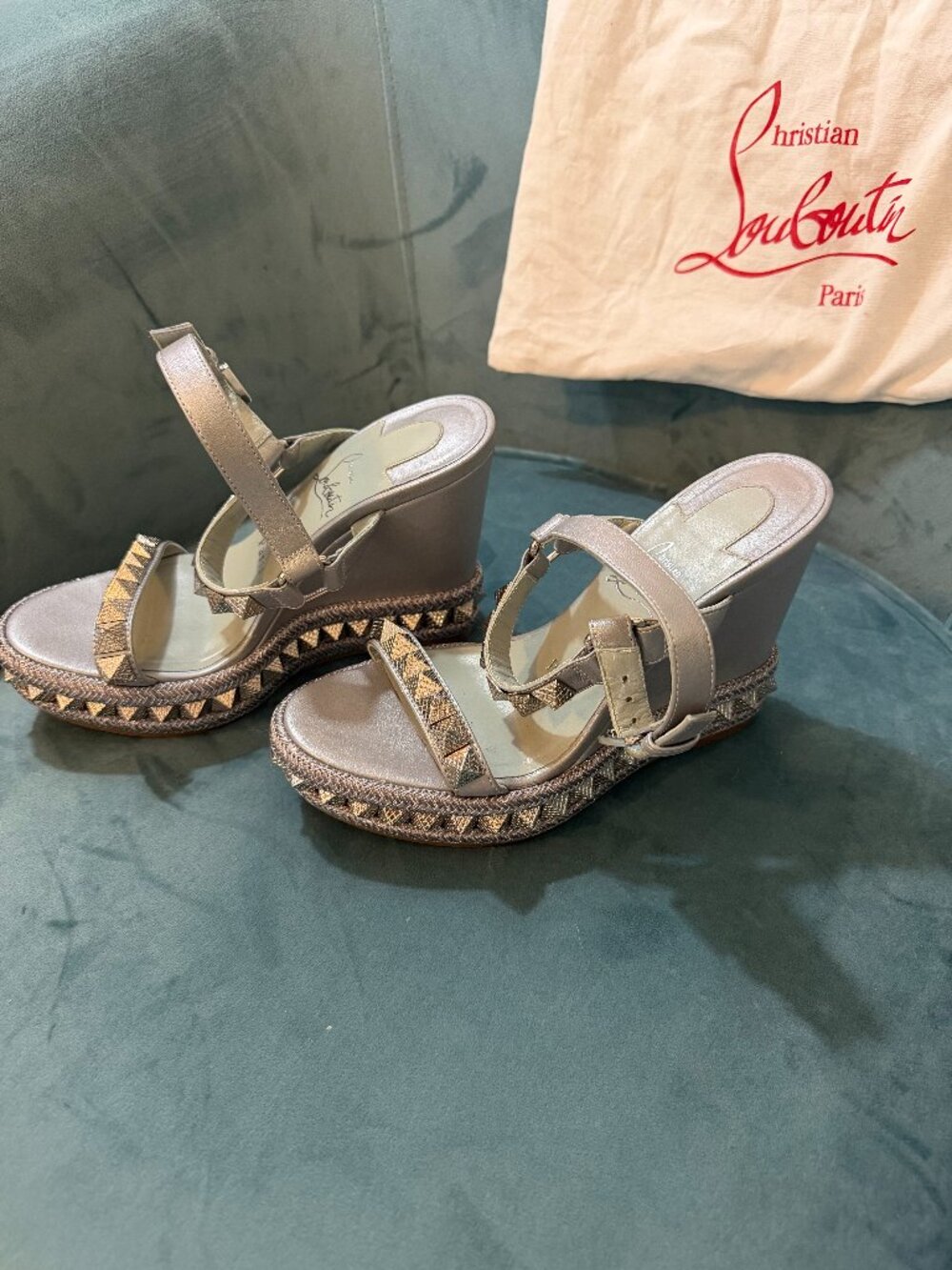 Christian Louboutin Silver Studded Espadrille Wedge Sandals Sz 35
